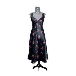 Y2K Whimsigoth Satin Floral Maxi Babydoll Dress Medium Ruched Bust‎ Witchy Party